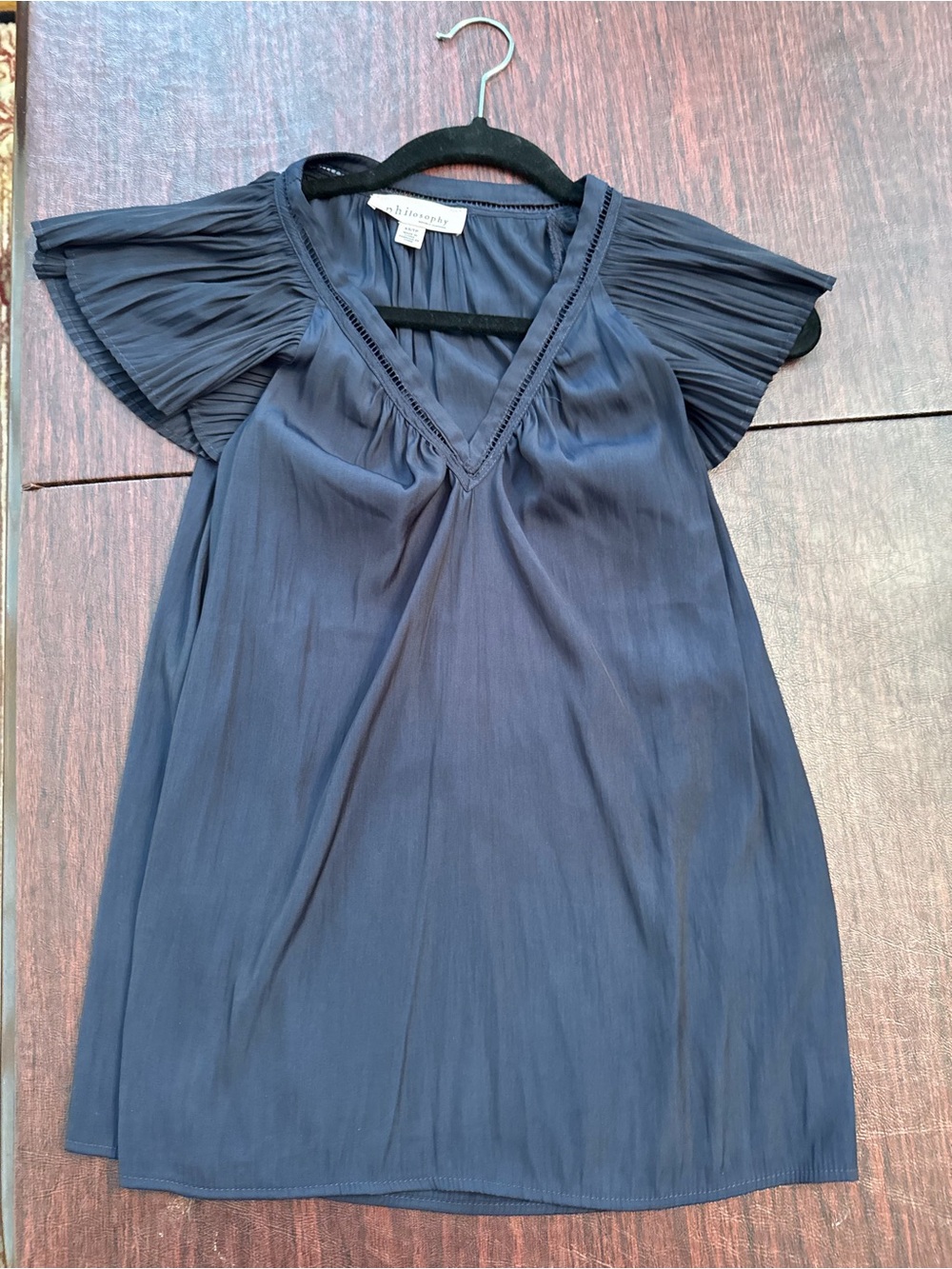 Philosophy Navy Pleated Flutter Sleeve V-Neck Top